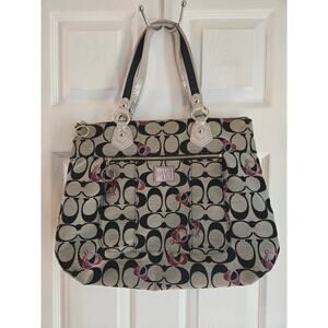 Coach Poppy Signature Hearts  Gray Black Canvas Large Tote Bag/ Shoulder Bag